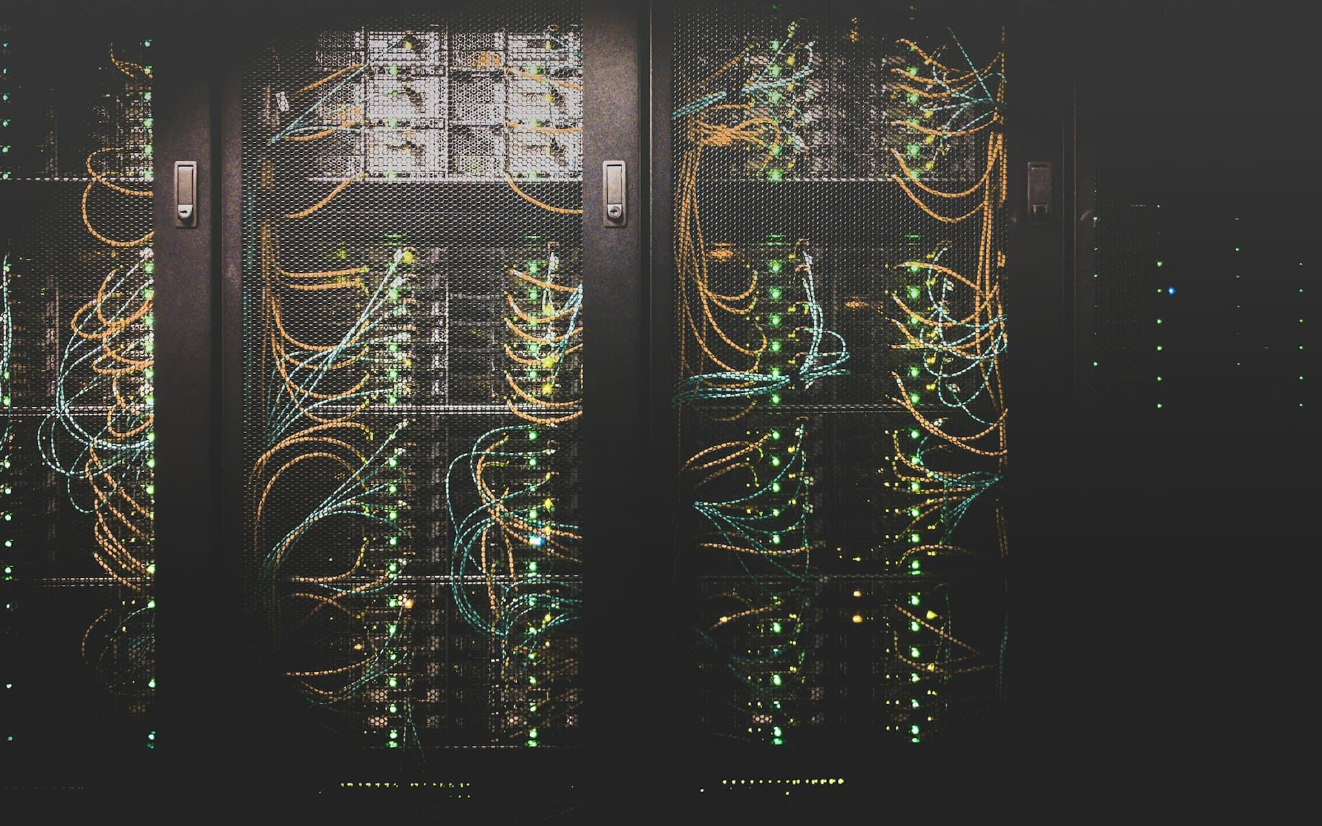 Rows of network cabling in a data centre