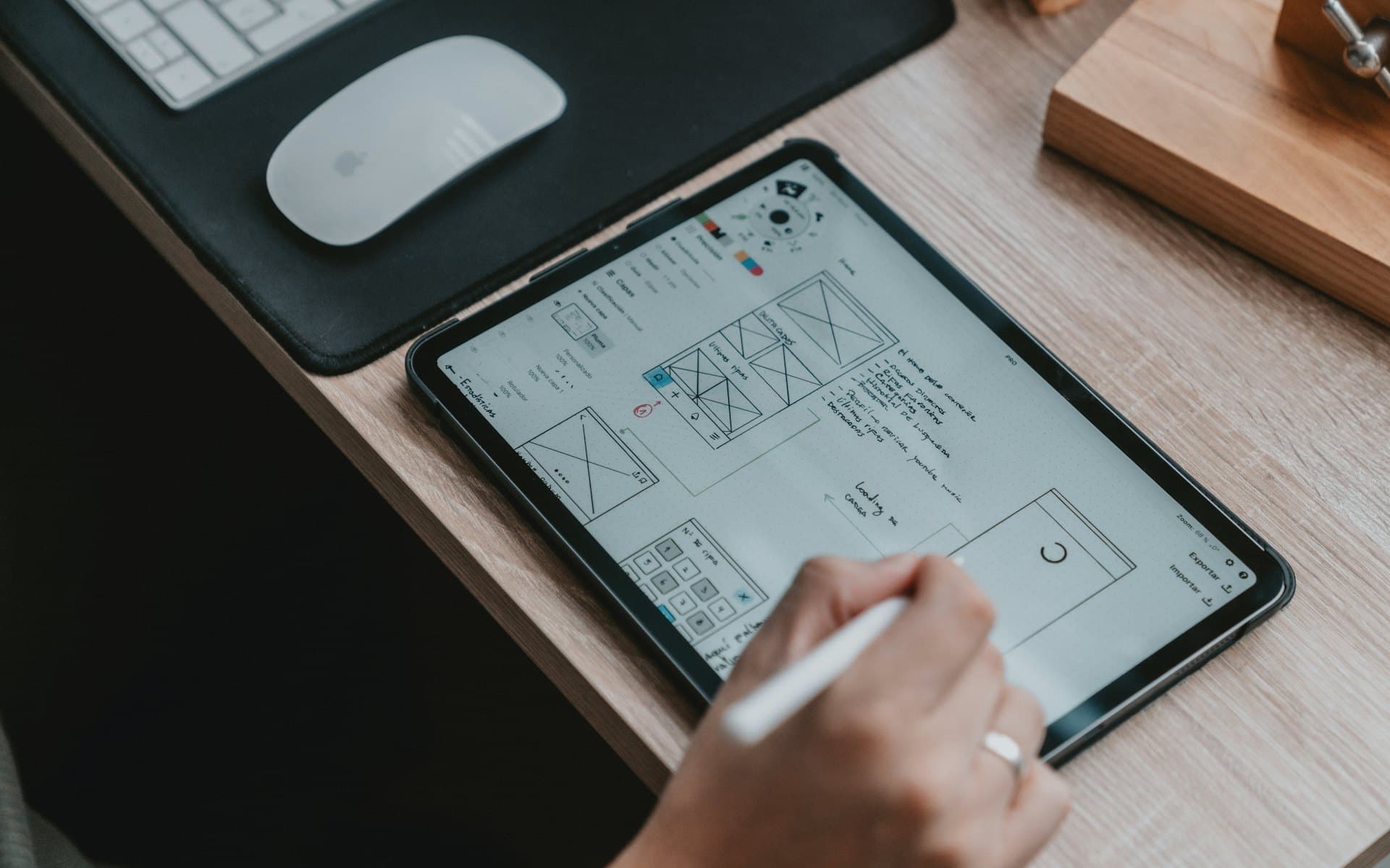 Designer sketching interface wireframes on a tablet