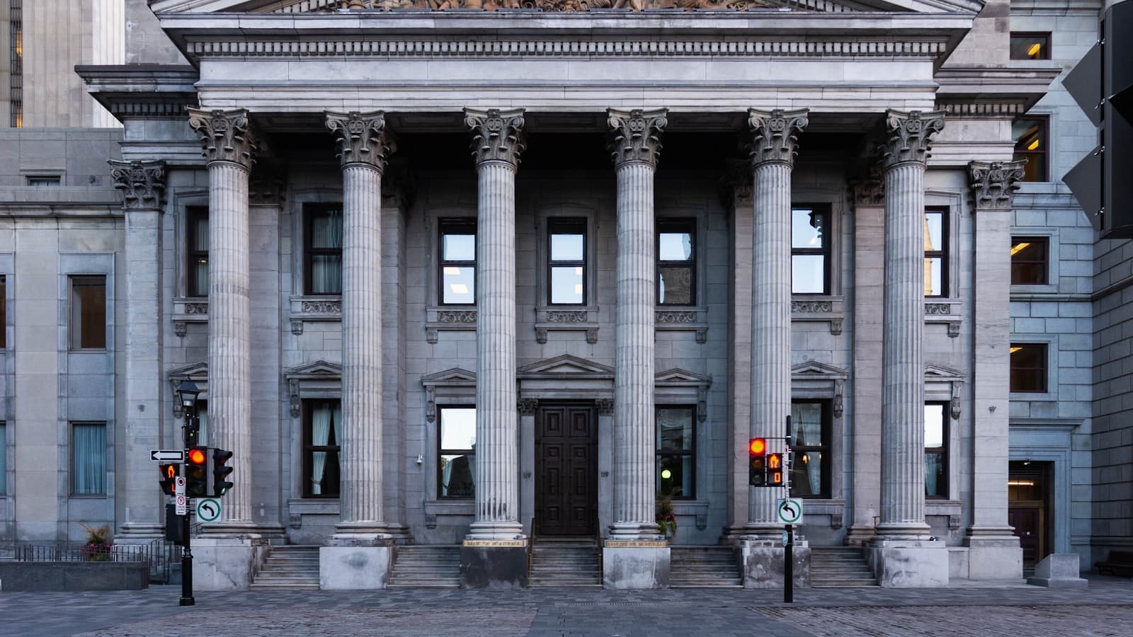 The colonnaded facade of a government finance building